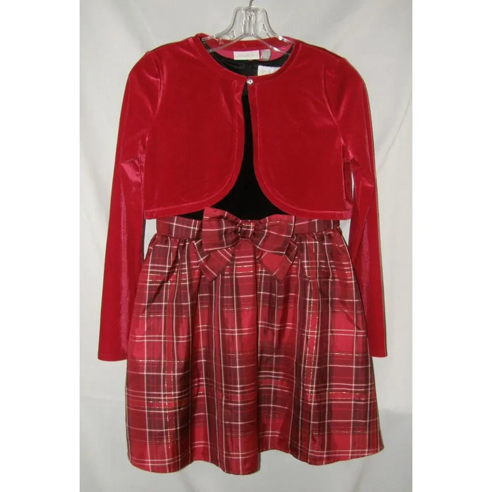 Girls Sz 14 Black & Red Plaid Holiday Sleeveless Dress & Velour Shrug 2 Pc Set